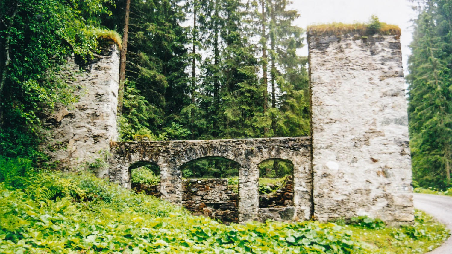 Pochwerk-Ruine im Wald mit Bögen und überwuchertem Dach. 