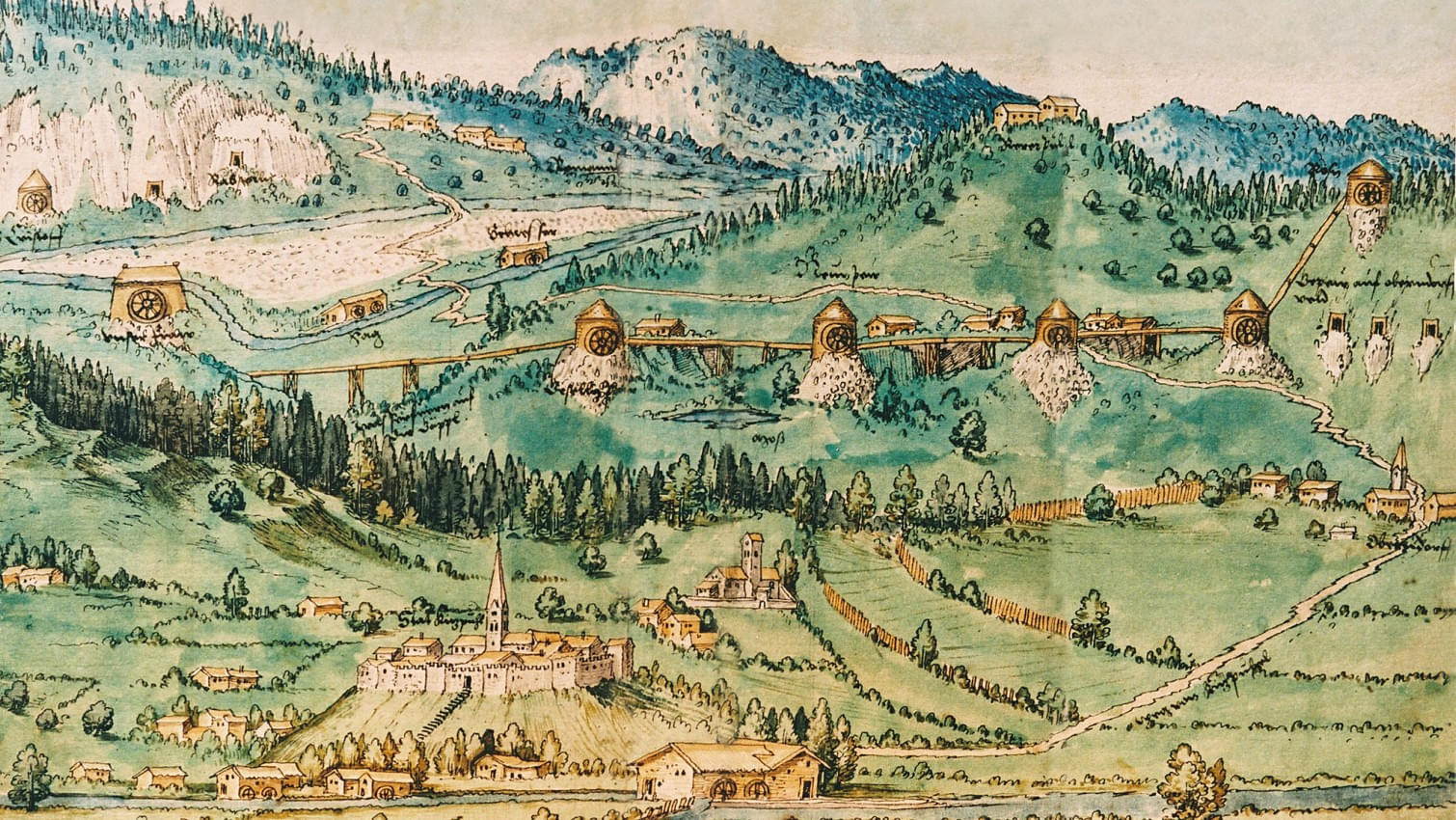 Historische Karte zeigt eine Bergbaulandschaft mit Gebäuden, Wegen und Abbaugebieten in der hügeligen, bewaldeten Region Kitzbühel. 