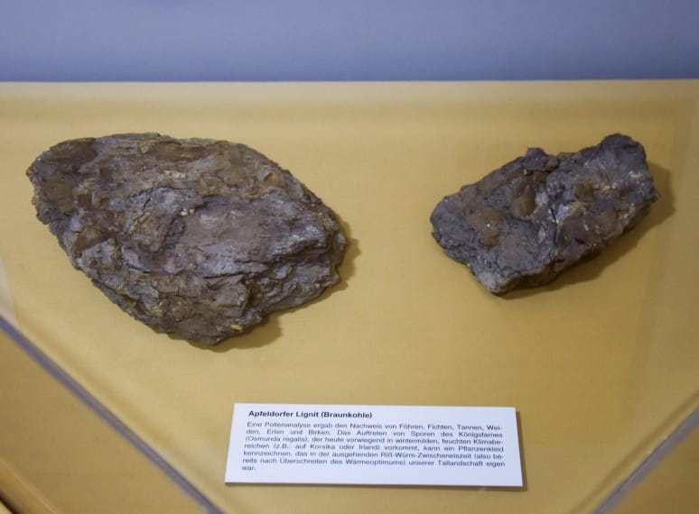 Ausstellungsvitrine mit verschiedenen Mineralien und dazugehörigen Beschreibungen auf Kärtchen. 