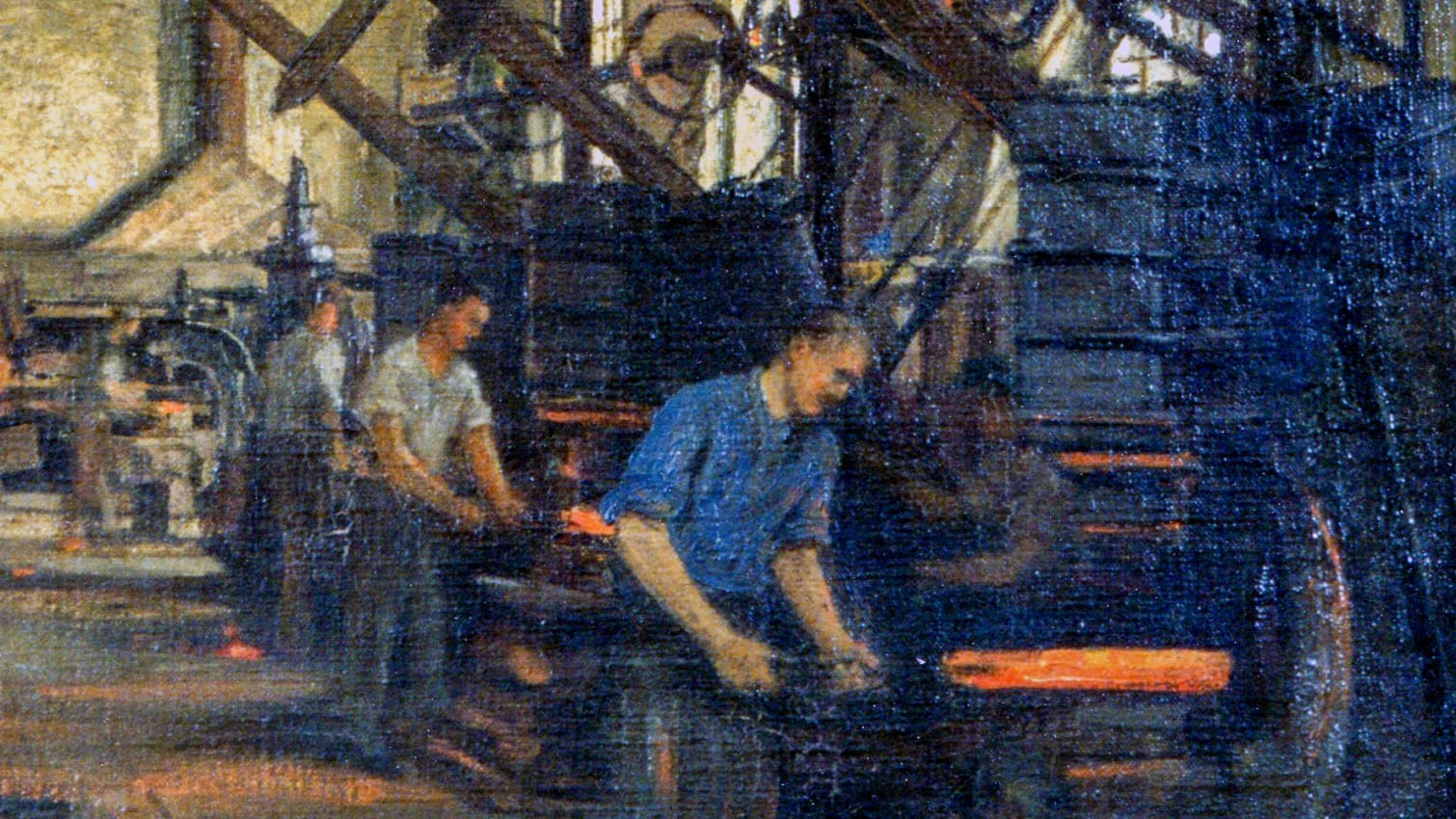 Ölgemälde von Julius Köhler aus dem Jahr 1922, das Schmiede bei der Arbeit in einer Werkstatt zeigt. 