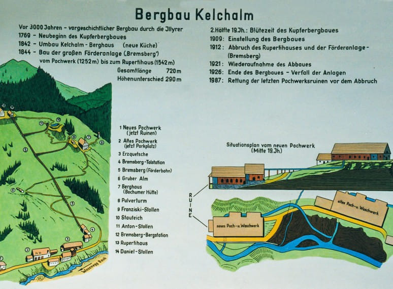 Informationsschild zum Bergbau Kelchalm mit einer historischen Zeitleiste und einer Karte der Bergbauanlagen. 